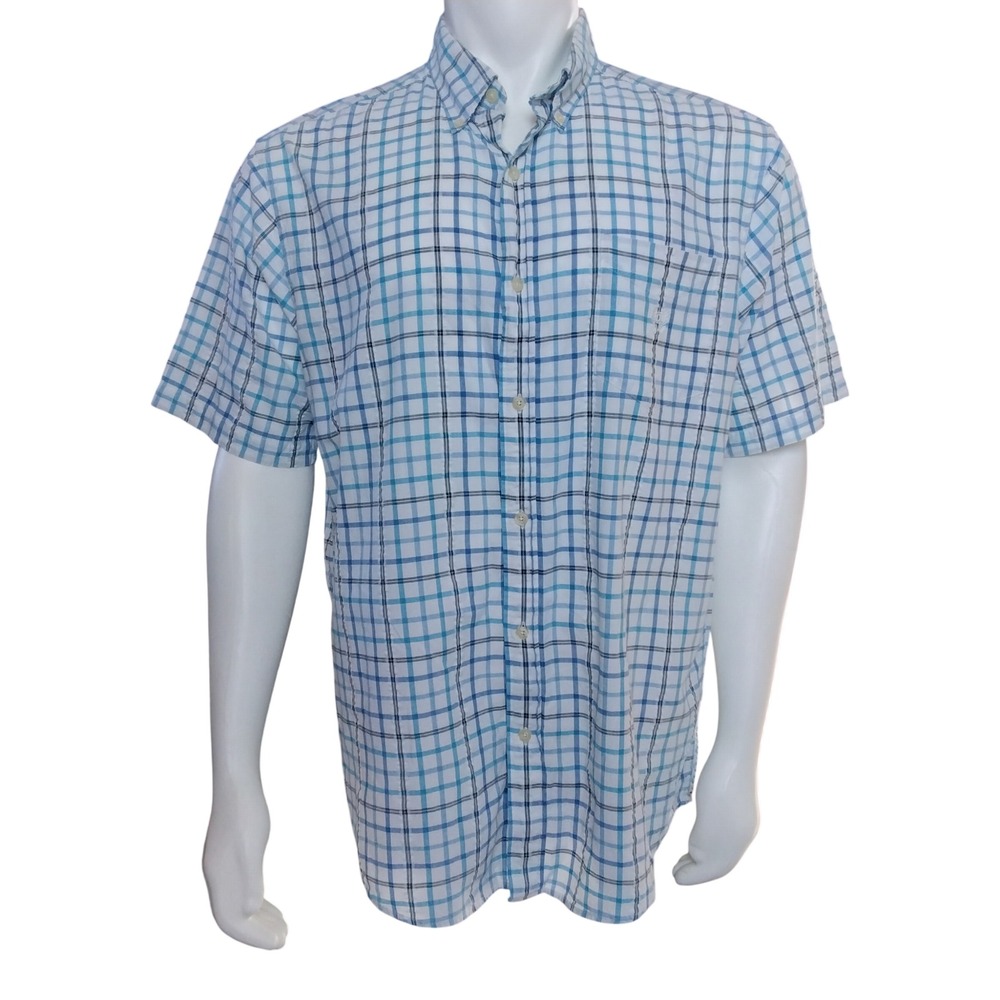 Chaps Mens Blue White Plaid Short Sleeve Button Down Shirt Large 100% Cotton